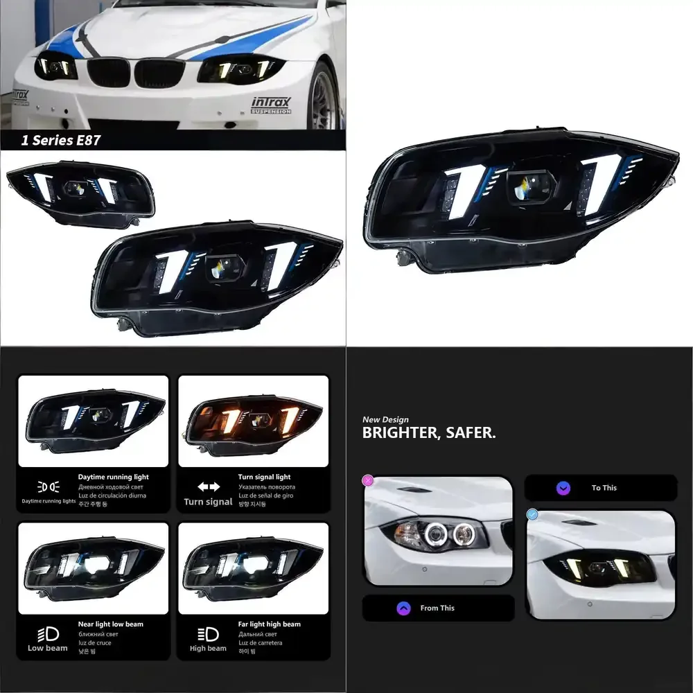 For 1 Series E87 Headlight Assembly 12V 04-11 Model Modification Fangs Two-Color Daytime Running Light Lens LED