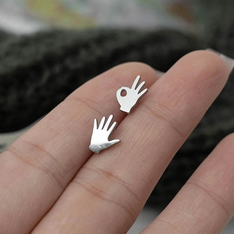 

925 Sterling Silver Geometric Asymmetric Palm Gesture Okay Stud Earring for Women Fine Jewelry High Luxury Vintage Accessories