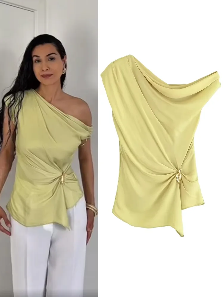 

HH женский летний новый модный сексуальный дизайн шелковый сегментный текстурированный асимметричный топ женский элегантный универсальный плиссированный топ с инкрустацией золотом