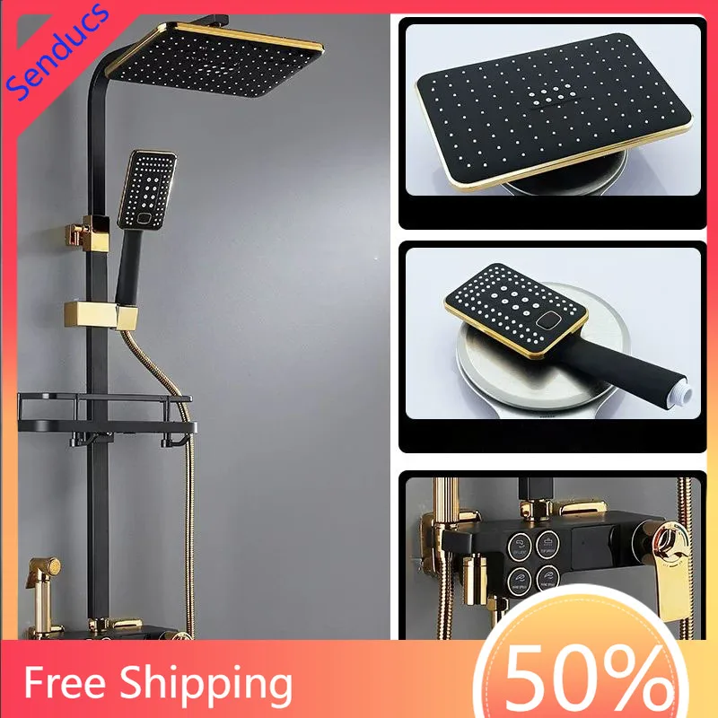 Luxury Thermostatic Digital Bathroom Shower Set Hot Cold Digital Piano Control Brass Faucet 12 Inch Rainfall Shower Head System