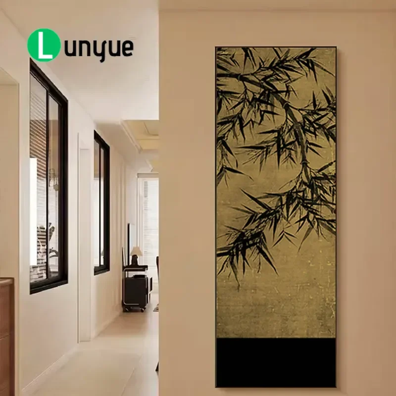 New Chinese Style Bamboo Ink Painting Hidden Sliding Full Body Mirror Wall Mounted Decorative Mirror for Bedroom Entrance