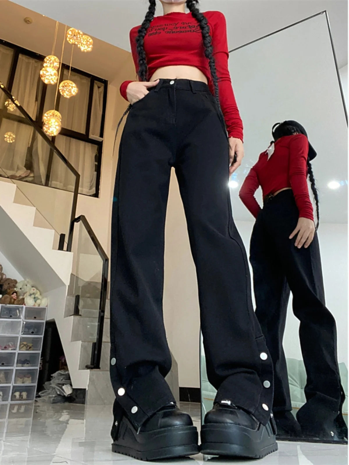 Pantalones vaqueros de mezclilla de pierna recta de cintura alta de talla grande para mujer primavera otoño nuevos pantalones largos adelgazantes de calle americana Sle