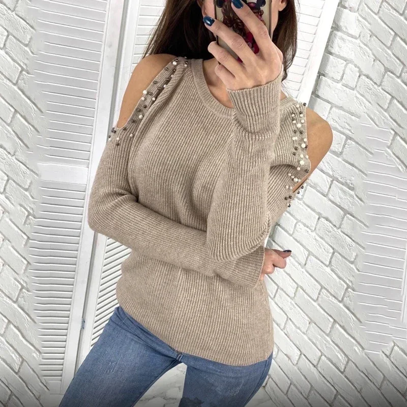 2023 Autumn Winter Solid Color Beaded O Neck Long-Sleeved Knit Pullover Off Shoulder Knitted Sweater Female Bottom Pullovers top