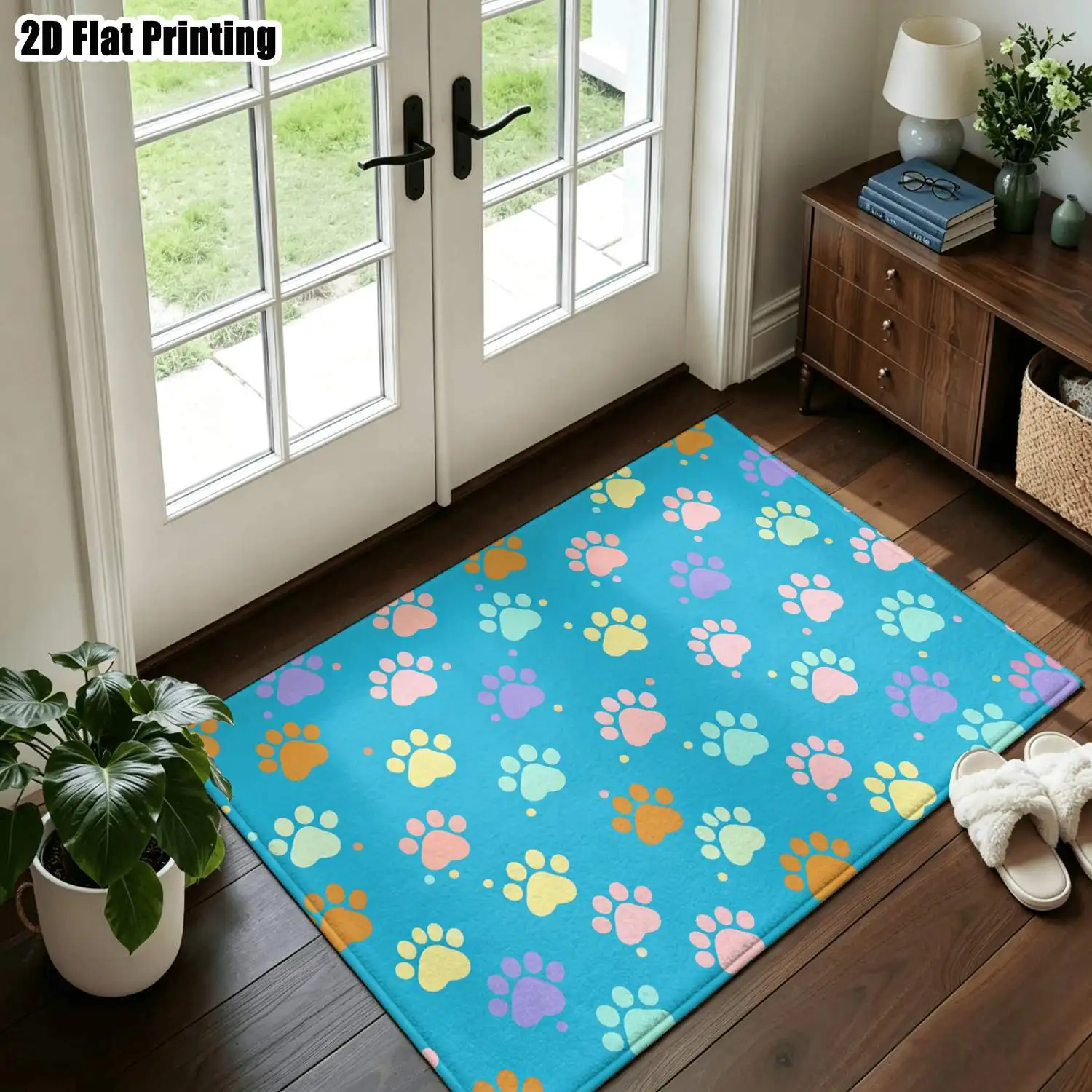 1Pc 2D Printed Carpet: Blue Base, Colorful Paw Print Nordic-Style, Instagram-Worthy, Modern Minimalist Geometric Floor Mat for Home Decor, Available in Multiple Sizes, Machine Washable, Suitable for Entryway, Dining Room, Foyer, Bedroom, Living Room.