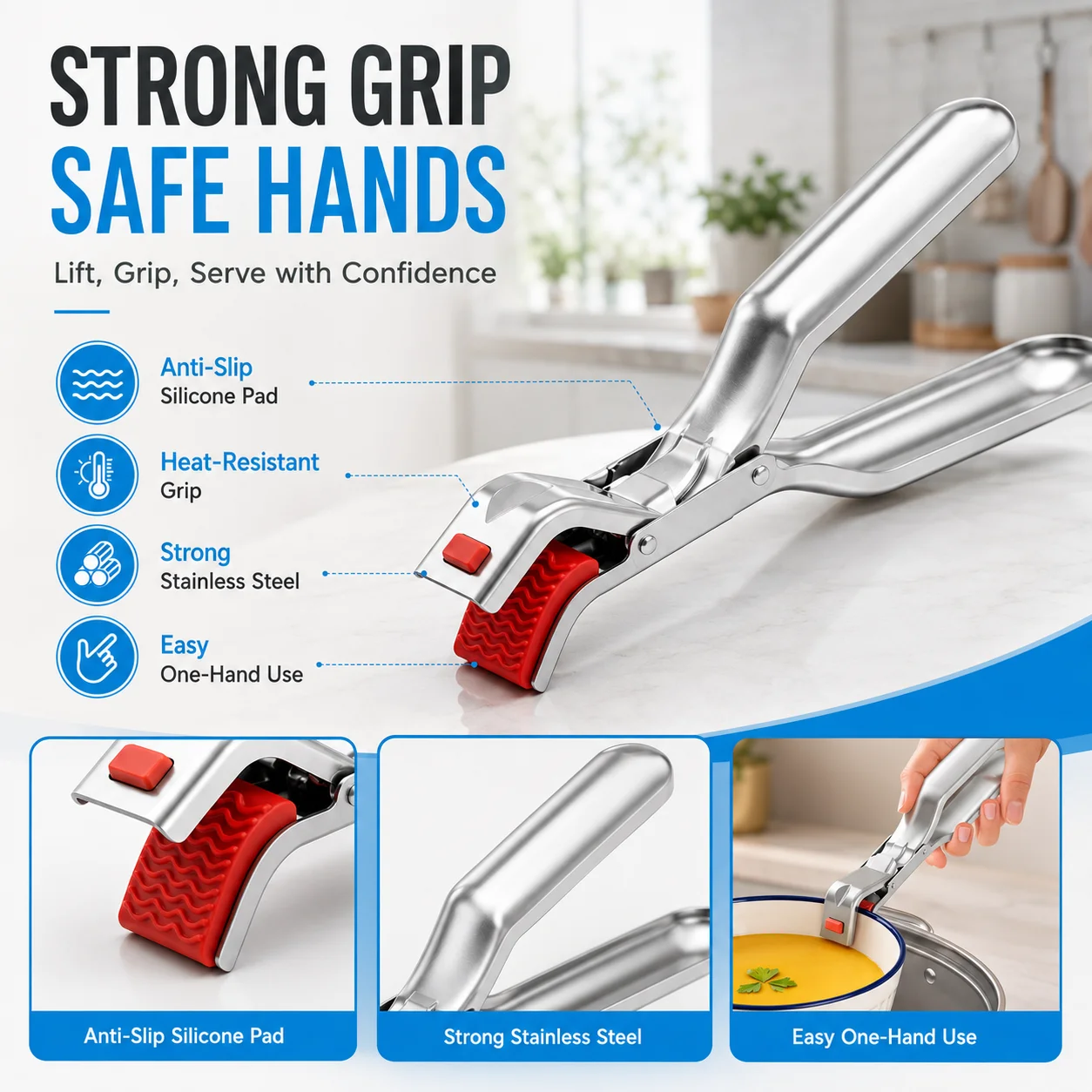 1P Anti Scald Bowl Clip Non Slip Hot Dish Plate Holder Stainless Steel Pot Gripper Kitchen Clamp For Cooking Baking Serving Tool