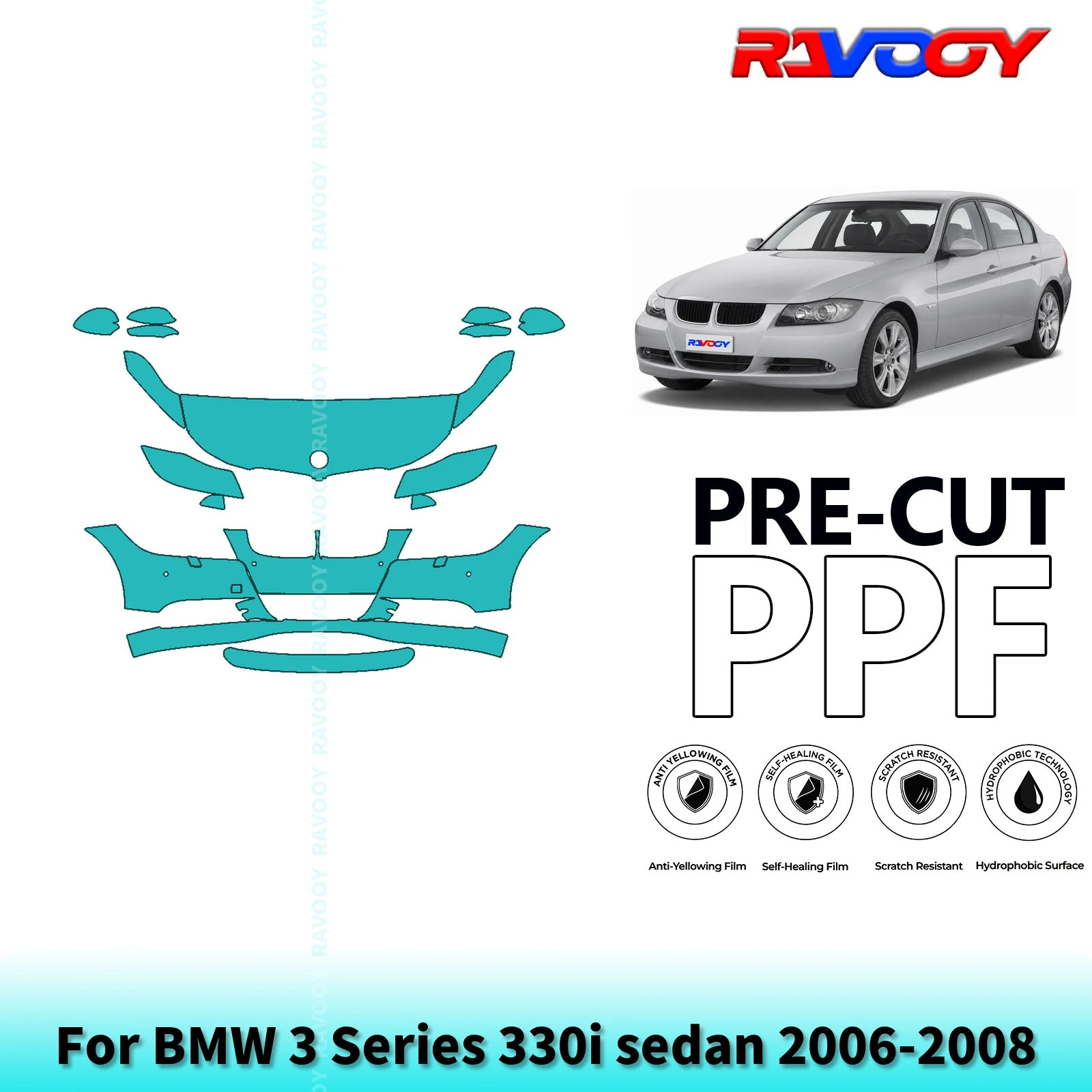 For BMW 3 Series 330i sedan 2006-2008 Partial Front 8.5Mil Pre-Cut Paint Protection Film PPF Stone Chip Kit | Clear/Matte/Black