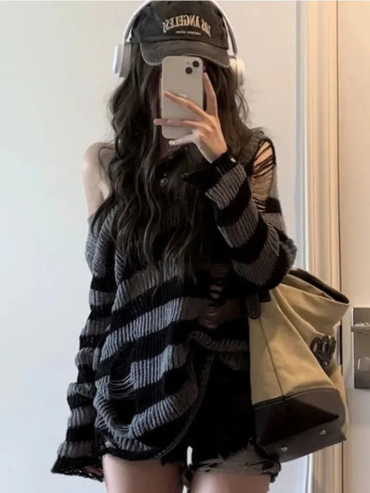 Gothic Sexy Hollow Out Sweaters Women Y2K Striped Loose Long Sleeve Punk Knitted Jumpers Streetwear Harajuku Hip Hop Tops