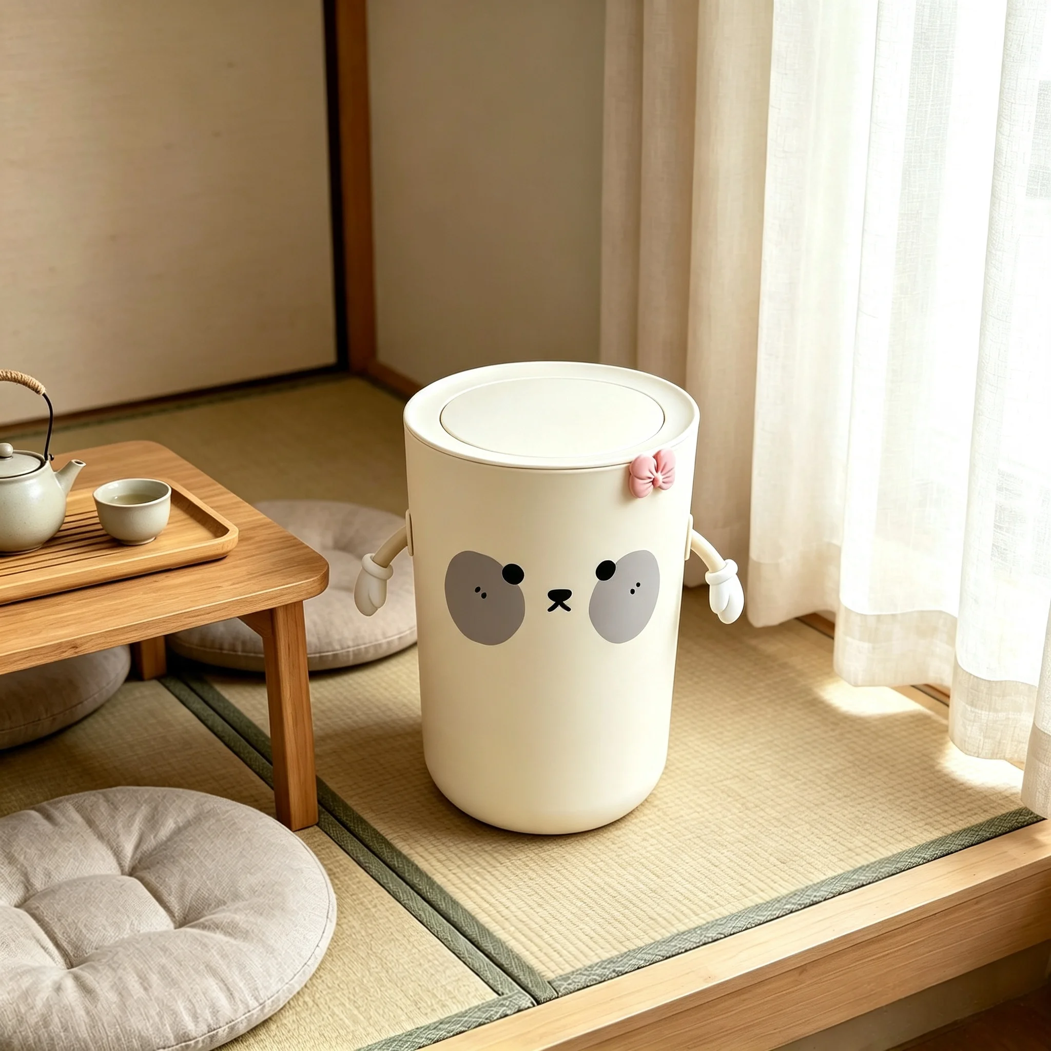 Kawaii Bear Press‑Open Trash Can, Cream Plastic Decorative Waste Bin with Swing Arms, Odor Resistant Lidded Garbage Can for Bedroom Dorm Girl Room