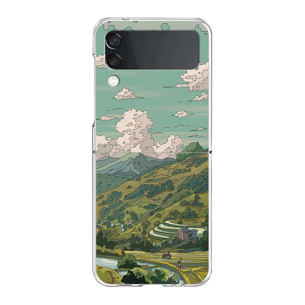 INS Korean Sunset Scenery Case For Samsung Galaxy Z Flip 3 4 5G Hard HD Folding PC Phone Cases For Samsung Z Flip3 Clear Cover