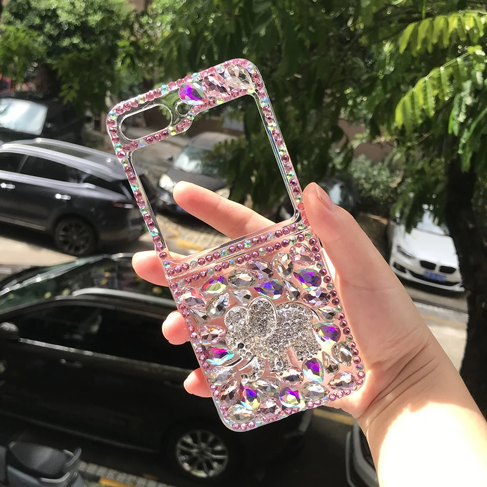 Cute Animal Bling Diamond Elephant Phone Case For Samsung Galaxy Z Flip 5 4 3 DIY Glitter Rhinestone Crystal Clear Hard PC Cover