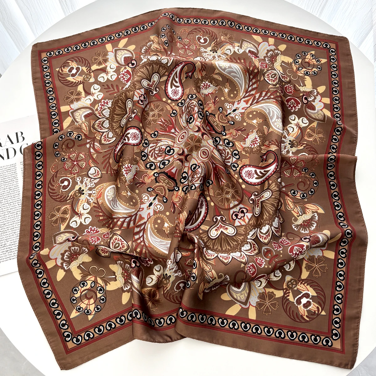 Spring Summer Lotus Print Satin Scarf Square Neckerchief for Women Head Wrap Fashion Decorative Accessory Bandana image 4