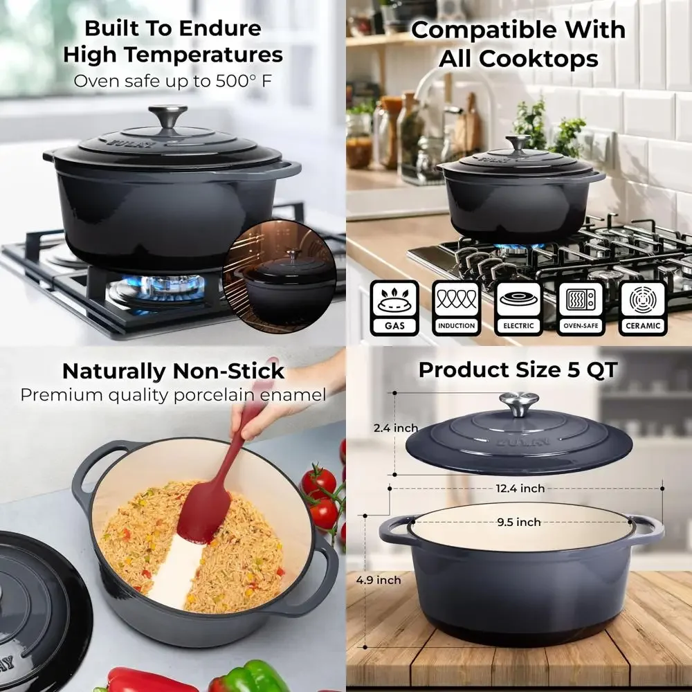 

Gray 5-Quart Enamel Cast Iron Dutch Oven with Lid - Durable, Oven-Safe Up to 500°F, Ideal for Baking, Stews, Braising, and Roast