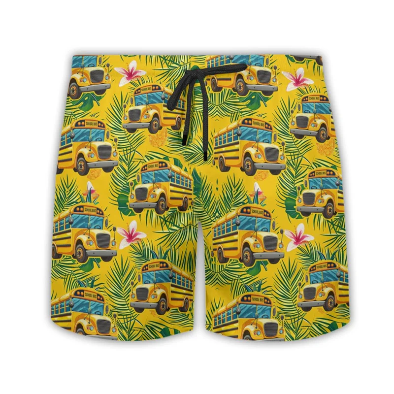 

Желтые пляжные шорты с рисунком школьного автобуса, модные повседневные плавки с 3d принтом, летние уличные уличные мужские шорты