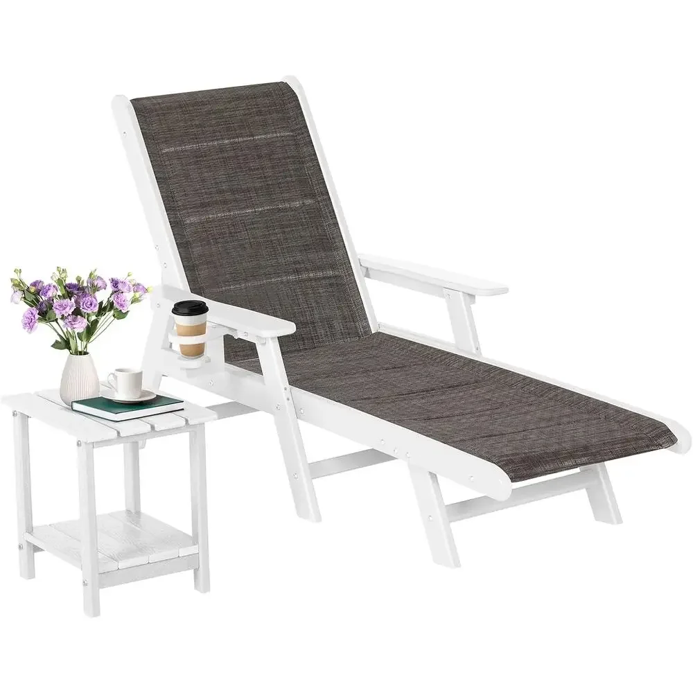 5-Position Adjustable Patio Lounge Chair with Wheels, Cup Holder, and HDPE Material for Poolside and Beach (Grey-Brown)