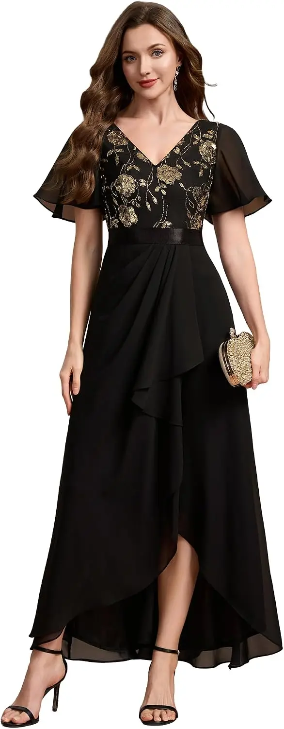 Chiffon V Neck Maxi Formal Wedding Guest Dress with Flowers