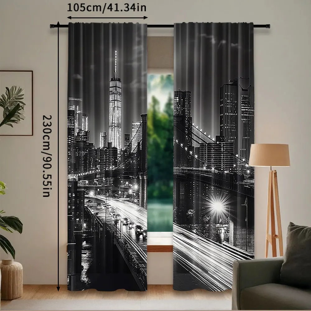 2Pcs Black And White Curtain New York City Night Scene Urban Life Brooklyn Manhattan Suitable For Bedroom Living Room Dining