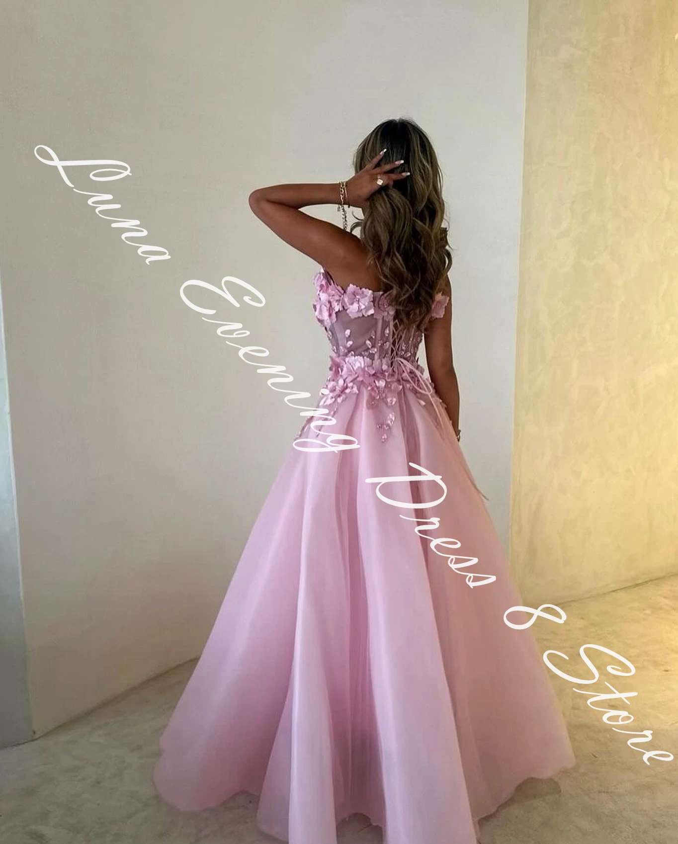 Robe de Soirée Trapèze en Organza Personnalisée avec Appliques et Perles, Sans Bretelles, à Lacets dans le Dos, Longueur au Sol en Fibre, Traîne de Balayage Sexy