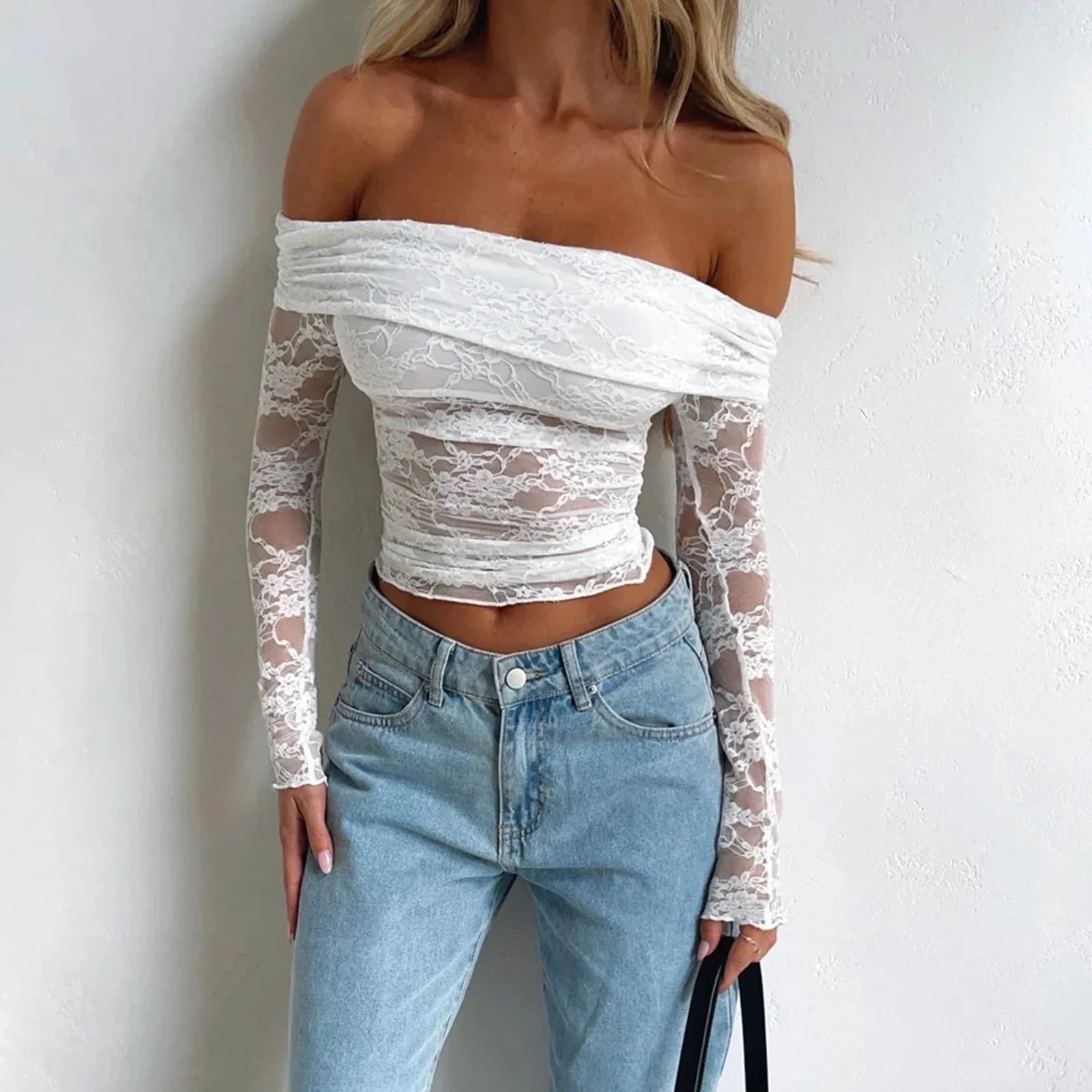 

Women Y2k Lace Long Sleeve Top See Through Mesh Crop Top Floral Slim Fit Off Shoulder Top Tee Shirt Blouse Streetwear