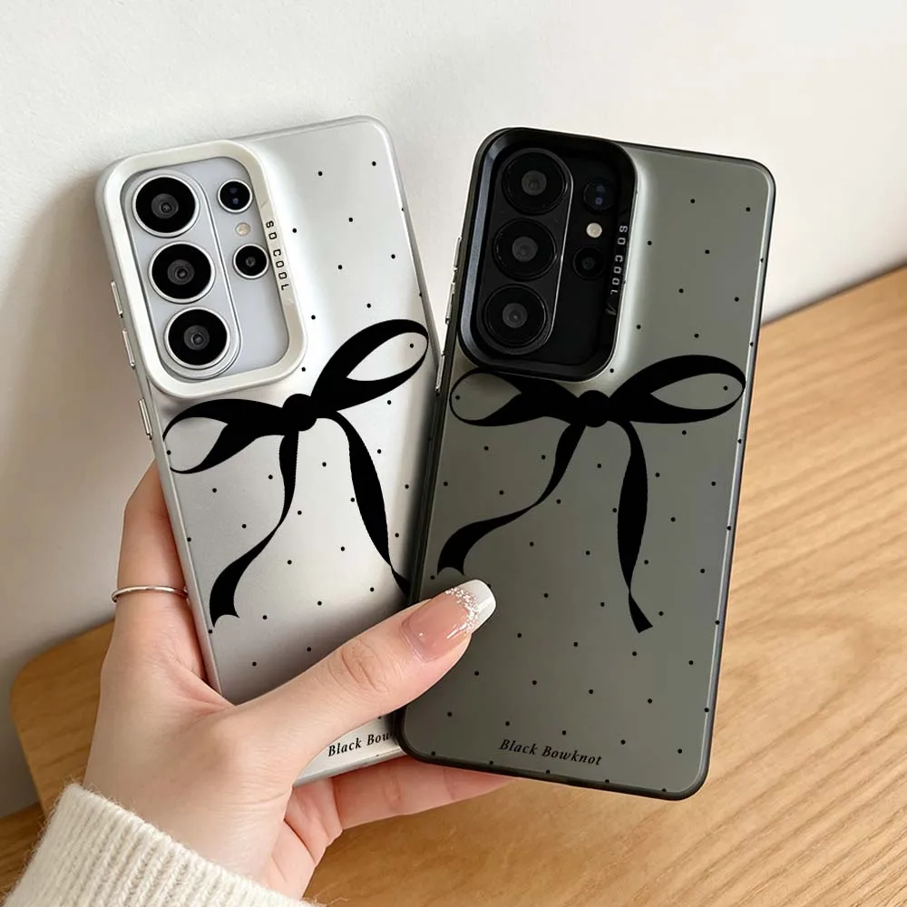 Black Polka Dot Bowknot For Samsung Galaxy S26 S25 S24 S23 S22 S21 Plus Edge Ultra FE 5G Colored Silver Phone Case