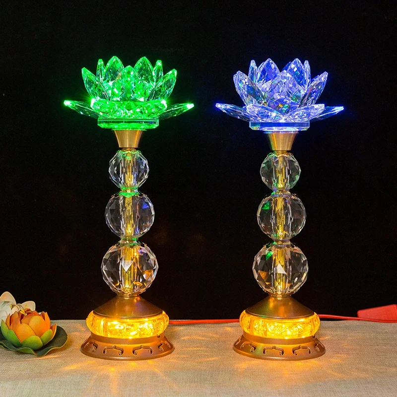 2025 A Pair 2PCS Wholesale Buddhism supply HOME SHOP temple altar Buddhist worship Guan yin 7 colour crystal Plug-in buddha lamp
