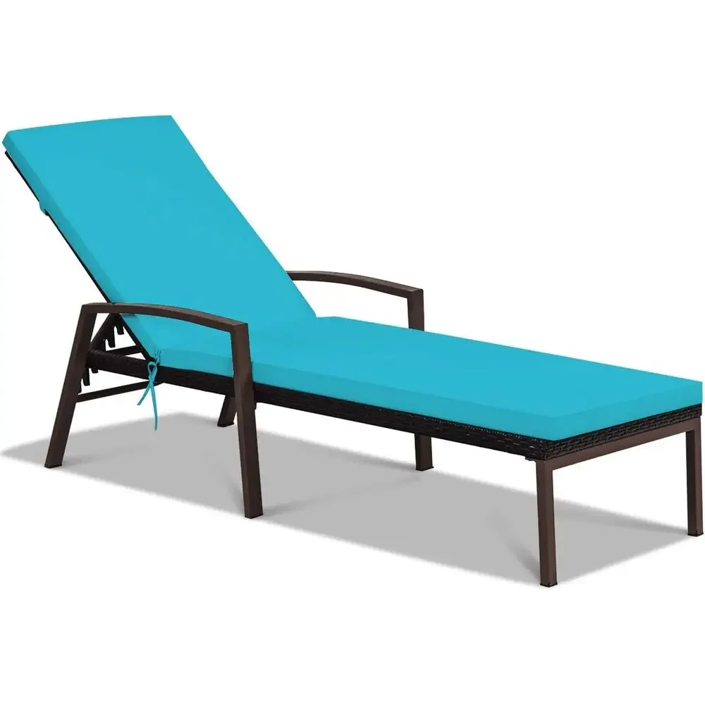 Turquoise Outdoor Reclining Rattan Lounge Chair with Cushion and Adjustable Backrest