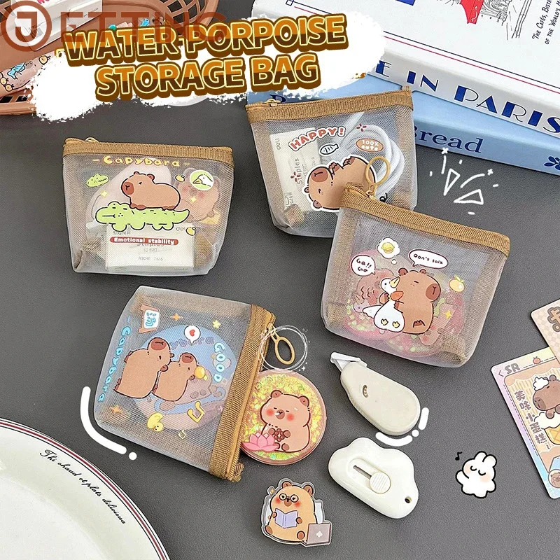 Cute Capybara Coin Storage Bag Transparent Mesh Coin Purses Cartoon Lovely Wallet Portable Waterproof Zipper Bags Gifts