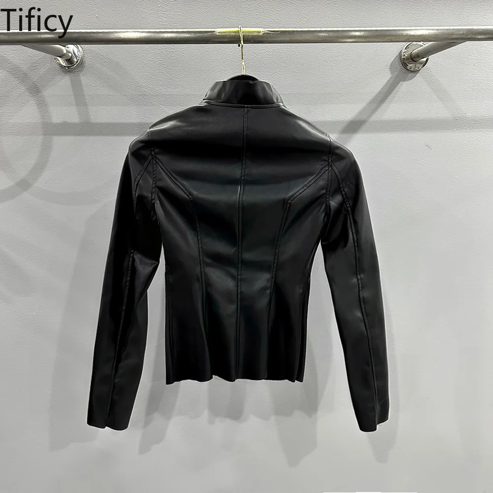 TIFICY Women's spring and summer PU leather slim fit figure enhancing thin material diagonal zipper high neck leather jacket