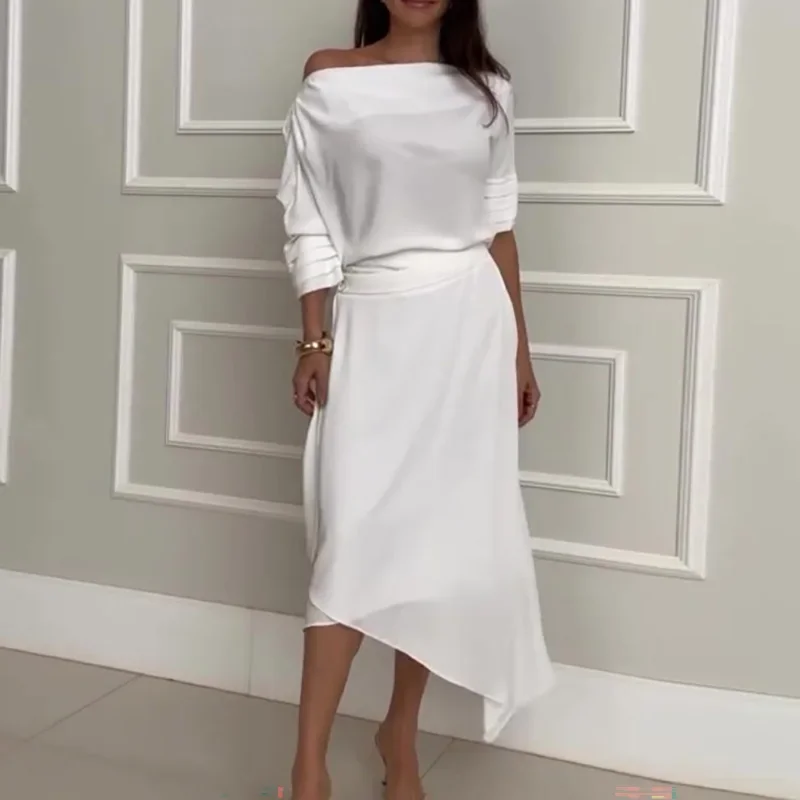 المرأة الجديدة 2025 مزاجه الصلبة مكتب البدلة ضئيلة السيدات الزي بسيط أنيق انحراف طوق كم طويل بلوزة و ألف خط التنانير مجموعة