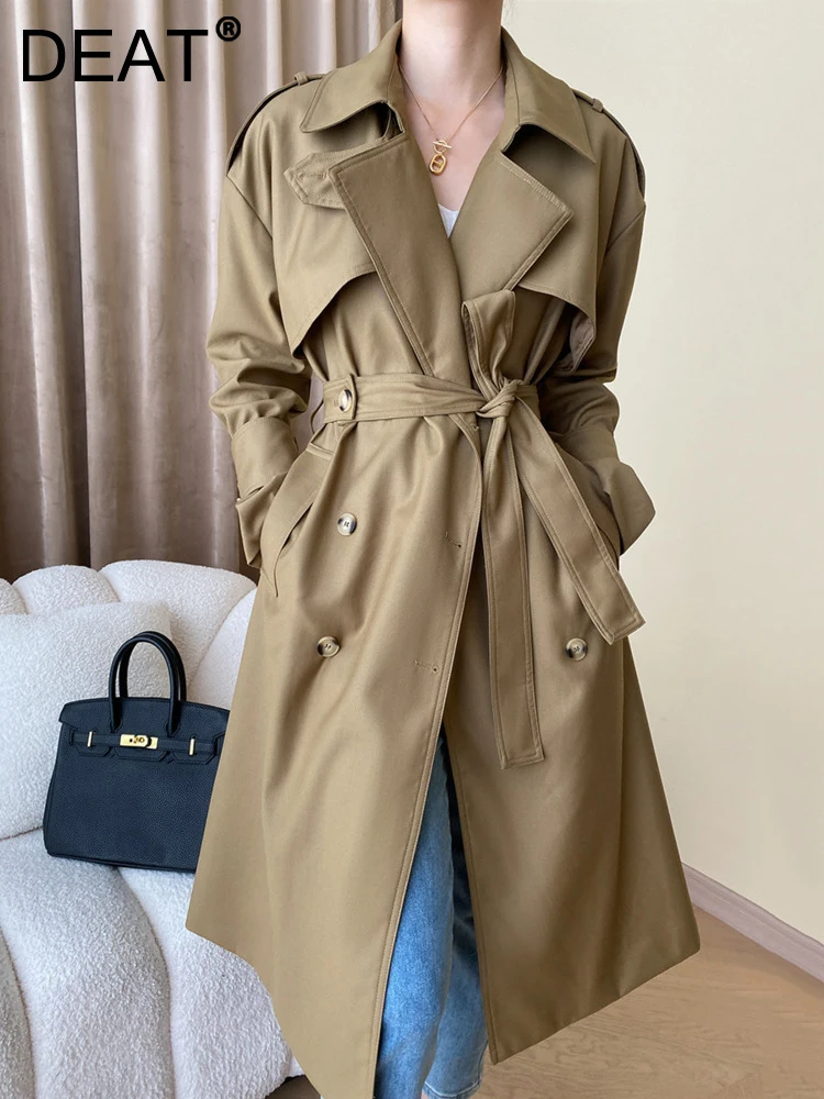 

DEAT Fashion Women's Trench Coat Lapel Double Breasted Khaki Loose Fit Adjustable Waist Windbreaker Autumn 2024 New Tide 7AB4851