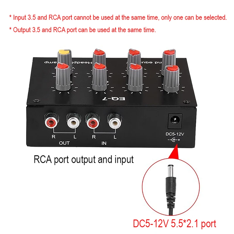 Equalizador de som de 7 bandas RCA Entrada de saída 12dB Ajuste de graves altos Equalizador digital de canal duplo