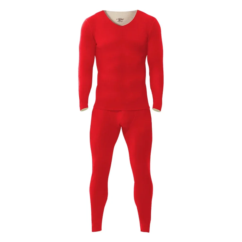 Seamless thermal underwear set for men, V-neck, thickened and fleece-lined, winter cold-proof, tight-fitting wool base layer top