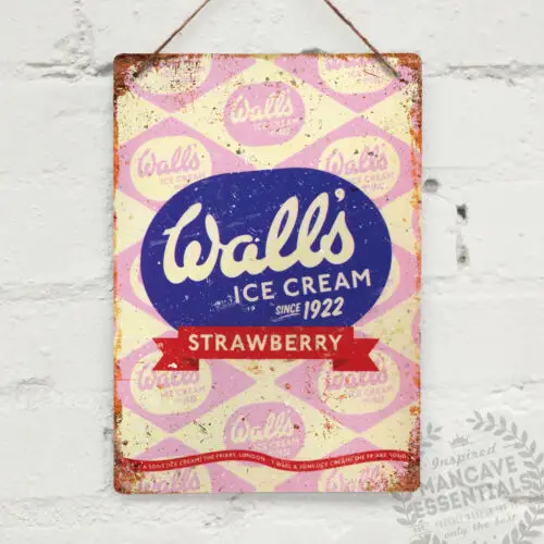 Walls Strawberry Ice Vintage Metal Wall sign Retro Kitchen Shabby Chic 80s 90s