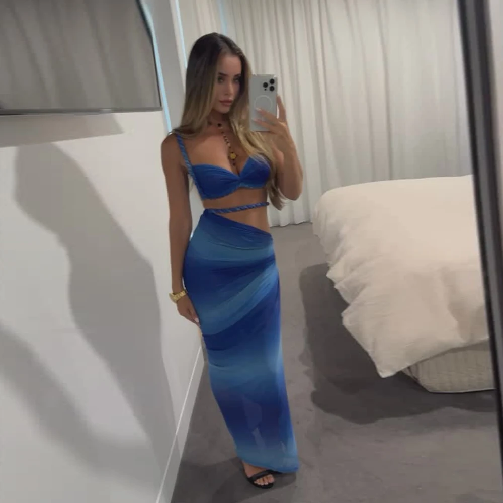 Blue Gradient ชุดบิกินี่ 3 ชิ้นพร้อมฝาครอบ Push Up บิกินี่ผู้หญิงชุดว่ายน้ําหญิงชุดว่ายน้ํากระโปรงยาวชุดว่ายน้ํา Beachwea