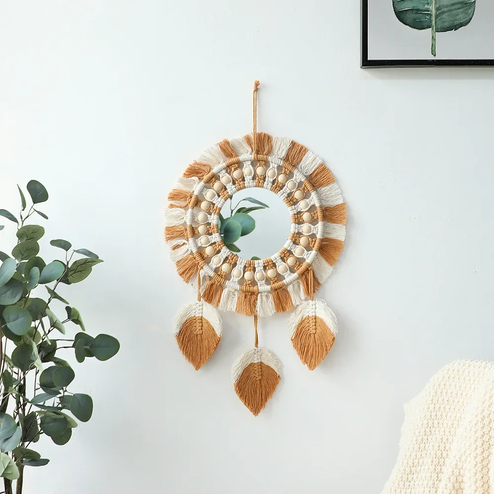 

New Bohemian hand-woven wood bead tapestry mirror decorative pendant, bedroom home mirror wall hanging