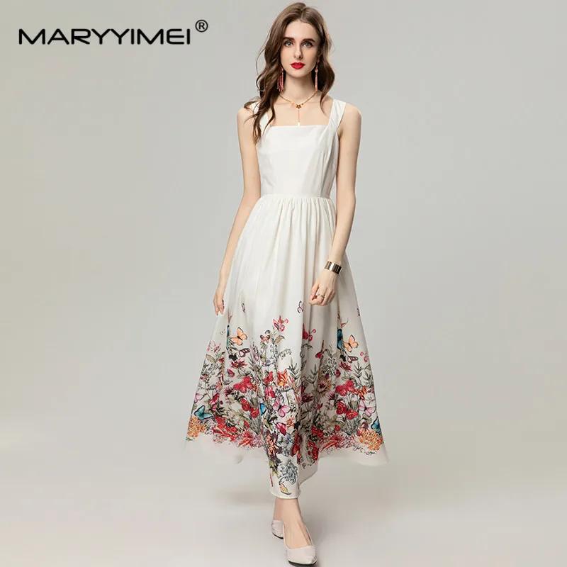 MARYYIMEI Fashion Women's New Vintage Backless Spaghetti Strap Camisole Shirring Printed Office Lady Elegant A-Line MIDI Dress