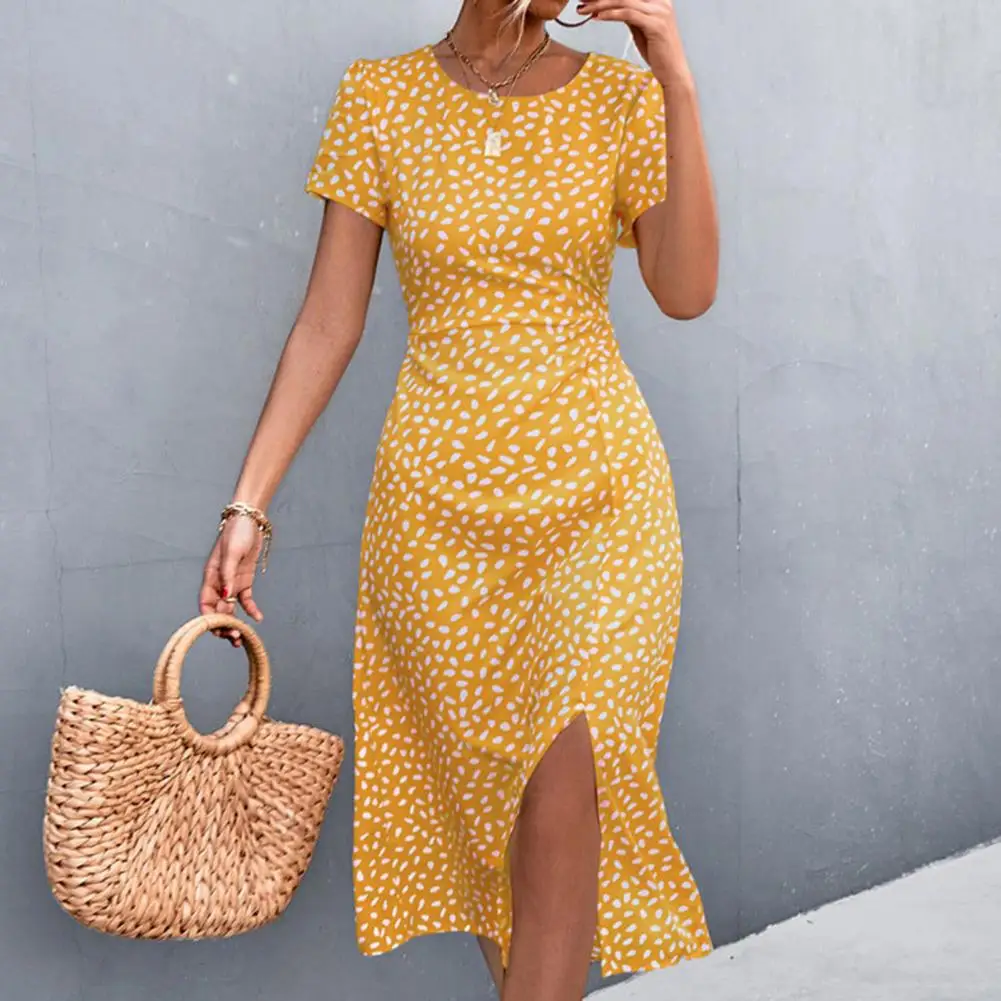 

Sweet Women Summer Dress Breathable Midi Dress Dot Print Thin Colorfast Lady Beach Dress Dress-up