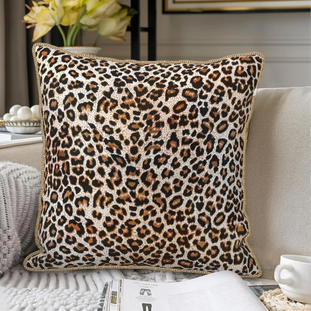 Leopard Print Faux Fur Soft Velvet Throw Pillow Covers Set of 2 Brown Black Cheetah Decorative 18x18 Inch Animal Pillow Cases