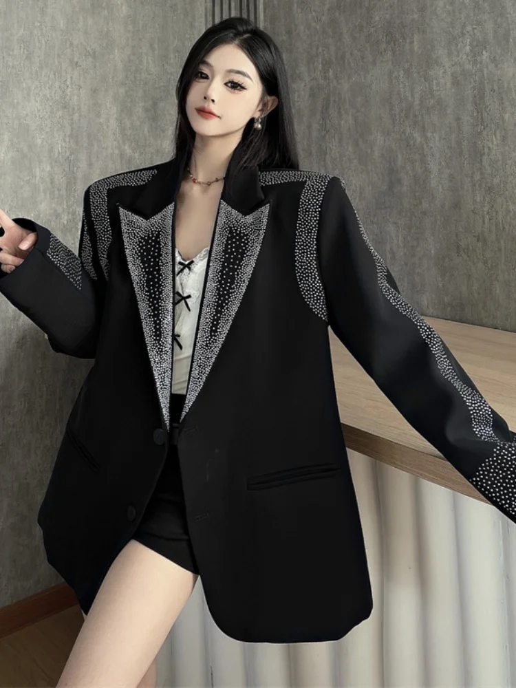 New Spring High-End Luxury Hot Stamping Diamond Jacket Coat Women's Design Fashionable Black Outwear