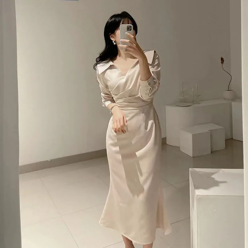 우아한 봄 신상 여성 드레스 퍼프 소매 벨트 슬림핏 V넥 롱 스커트 한국 스타일 하이웨이스트 셔츠 드레스