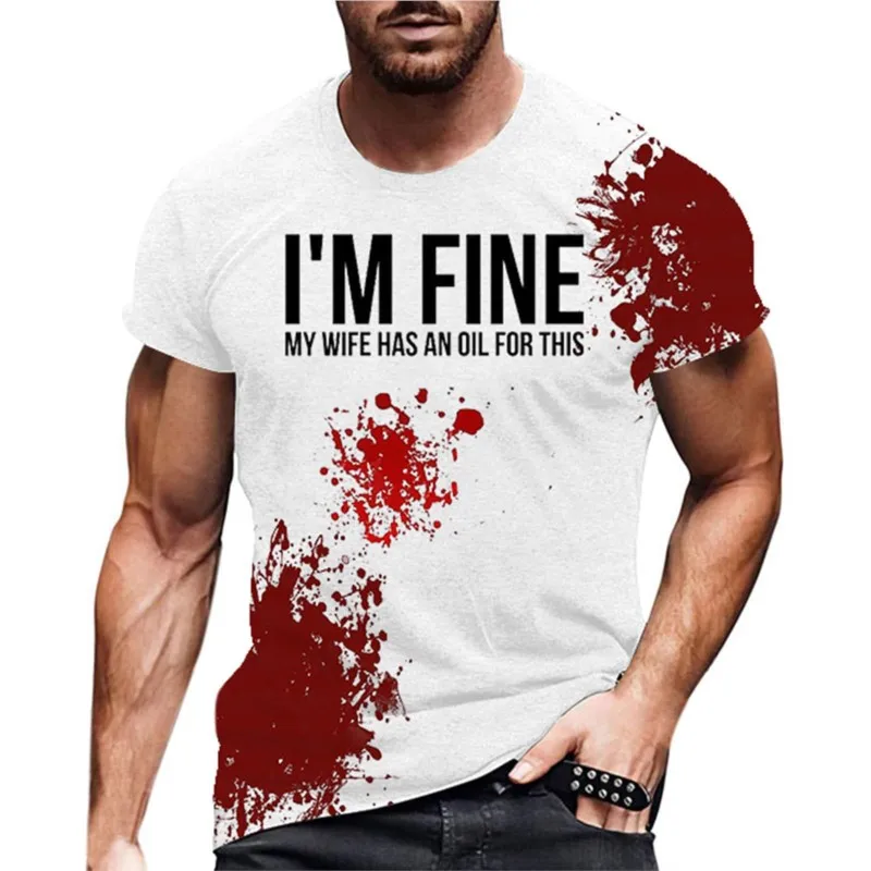 2024 New Funny Men's Blood I'm Fine Halloween Print T-shirt Funny Blood Men's Fun Round Neck Casual Short Sleeve