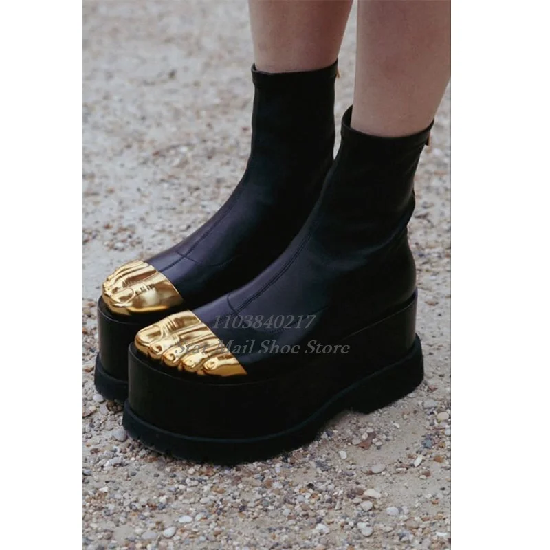 

Super High Platform Patent Leather Gold Five-Toe Ankle Boot Flat Heel Thick Sole Back Zipper Boot Winter Hot Chick Catwalk Shoe