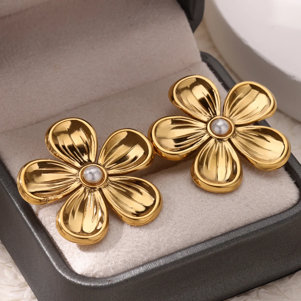 Flower Artificial Pearl Stainless Steel Earrings for Women Gold Color Conch Charm Earring Wedding Party Jewelry Accessories Gift