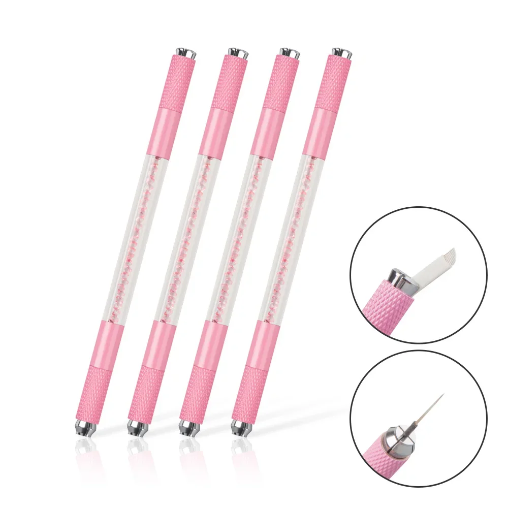 1pcs Double End Tattoo Manual Pen Pink Microblading Tattoo Makeup Eyebrow Pen Double Usage for Flat or Round Needles Blade