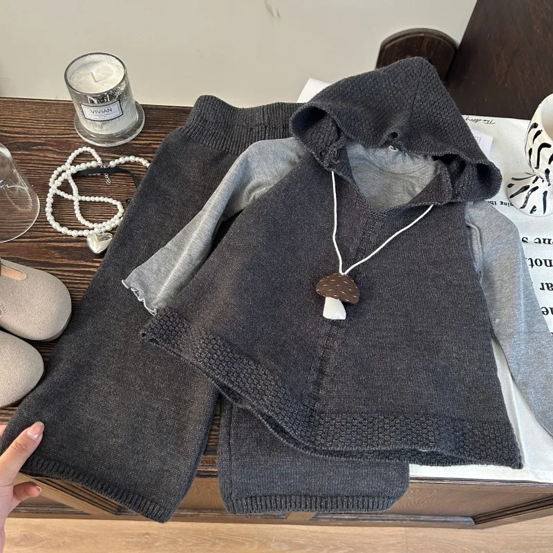 

Baby Girls Clothes Set Autumn Knitting Solid Hooded Toddler Kids Girls Tops Girls Shirt Elastic Waist Little Girl Wide Leg Pant