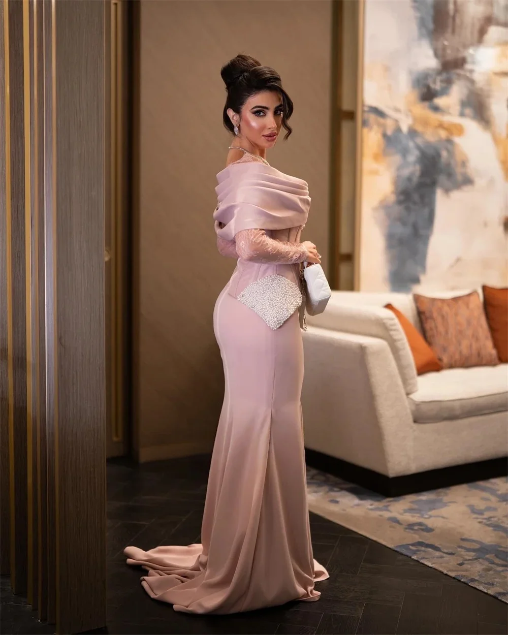 فساتين سهرة بأكمام طويلة ولؤلؤ وردي مناسبة مخصصة للحفلات الراقصة الرعوية للجنسين جيرسي ريترو دبي السعودية العربية حسب الطلب