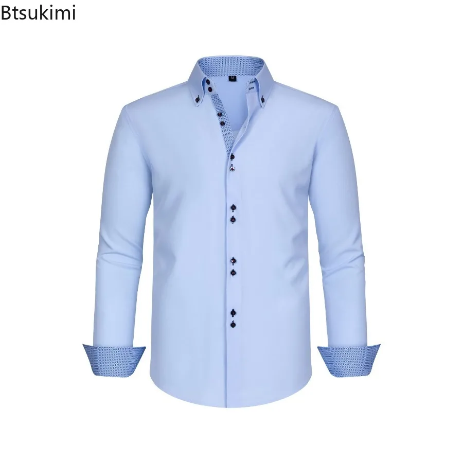 Men's Four Sided Elastic Solid Double Breasted Shirt Spring Autumn Casual Long Sleeved Shirt Loose Version Color Blocked Tops