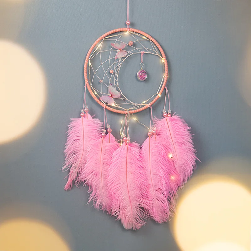 Handmade Ostrich Feather Butterfly Dreamcatcher Hanging Wind Chime Glass Ball Dry Flower Dreamcatcher Hand Woven Windchimes