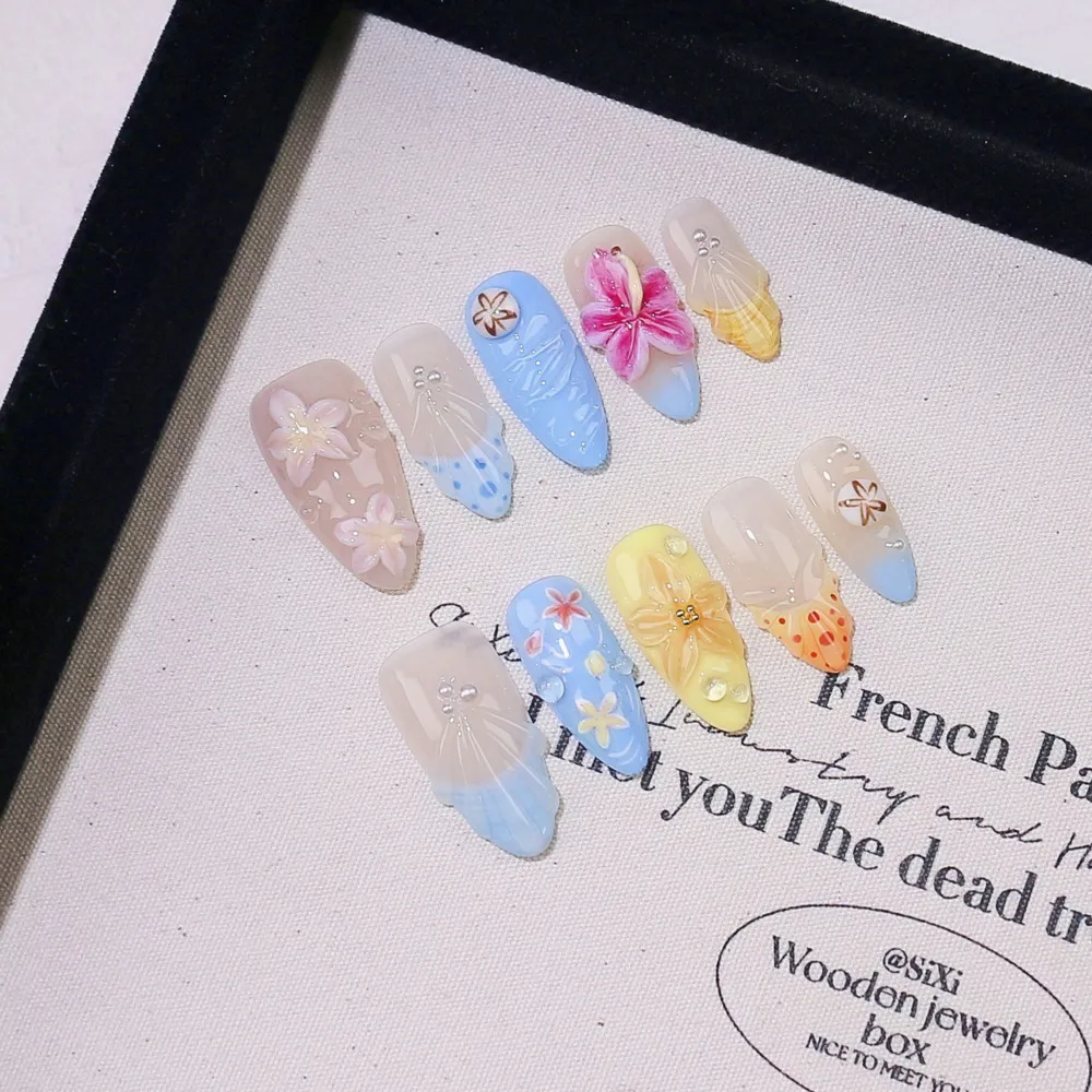 

Накладные ногти в стиле островного отдыха, 3D, с морскими звездами и ракушками, ручной работы, гель-лак, 10 штук