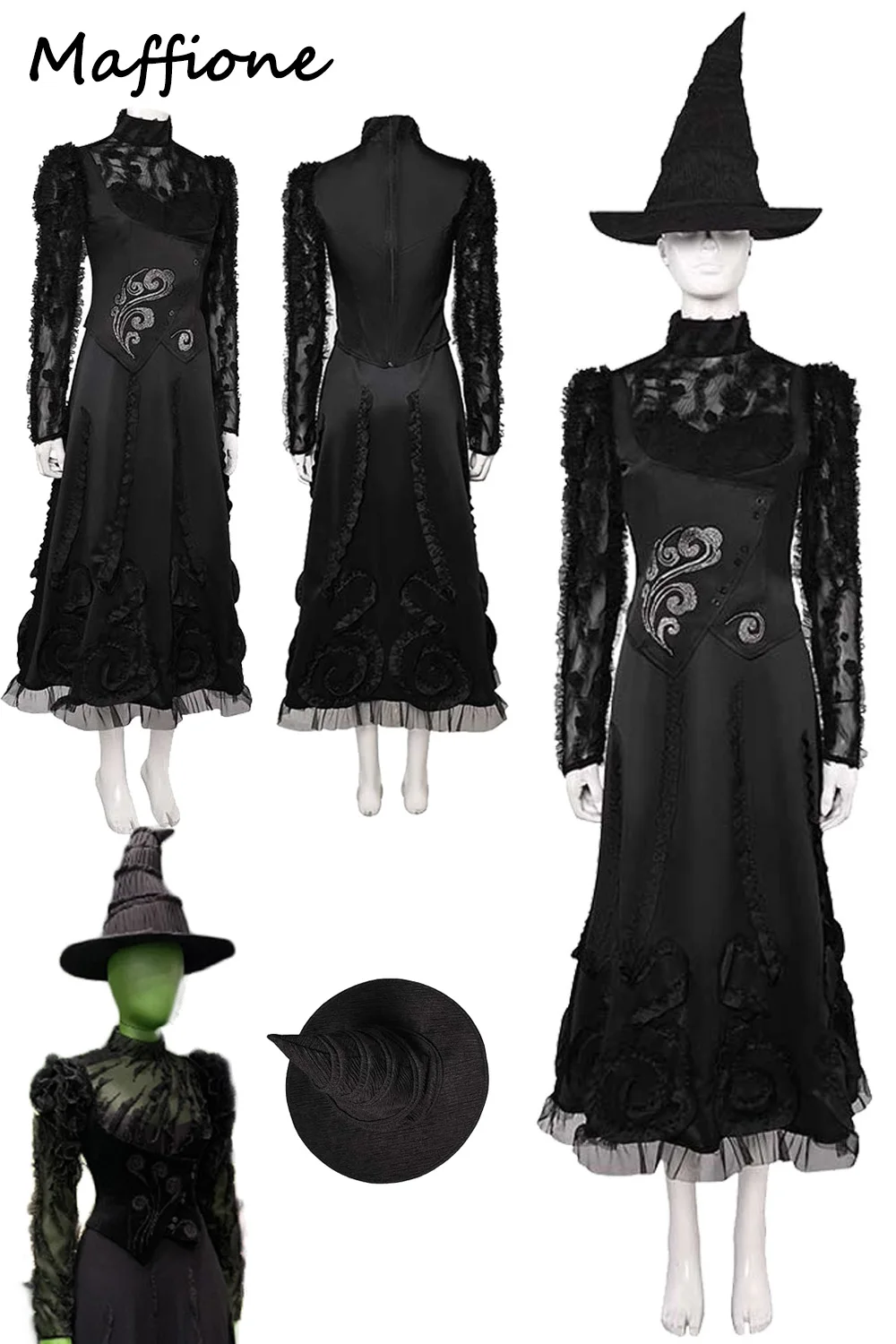 Elphaba Mesh Sleeve Dress Cosplay 2024 Movie Wiked Costume Women Disguise Black Dress Skirts Witch Hat Halloween Party Suits