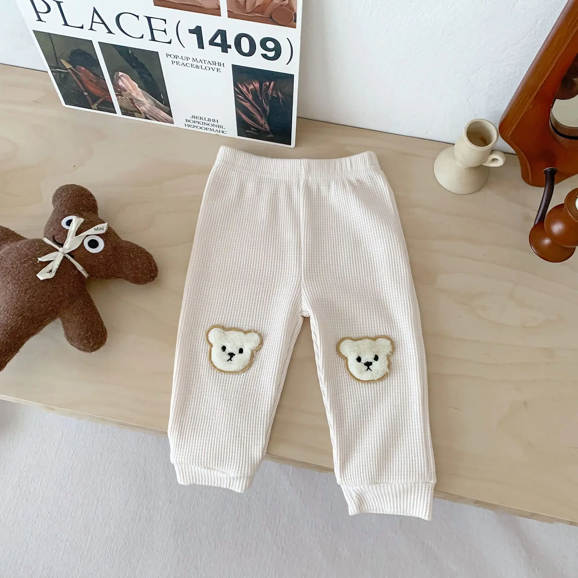 0 To 2 Years Newborn Waffle Baby Boys Girls Bear Pants Cotton Soft Elastic Spring Autumn Kids Harem Pant Trousers